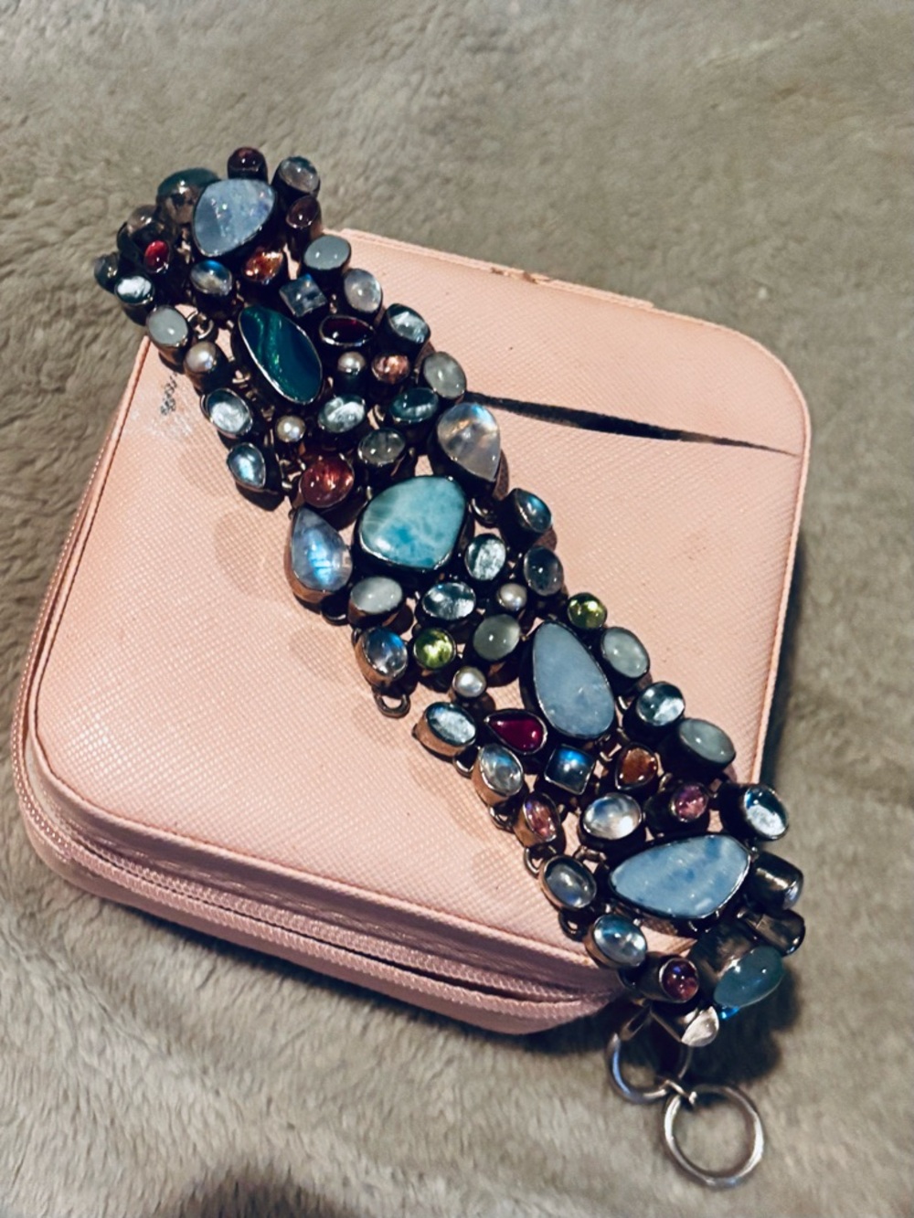 Vintage Sterling Silver Bracelet W/ Multicolor Gemstones ( Moonstone, Topaz)
